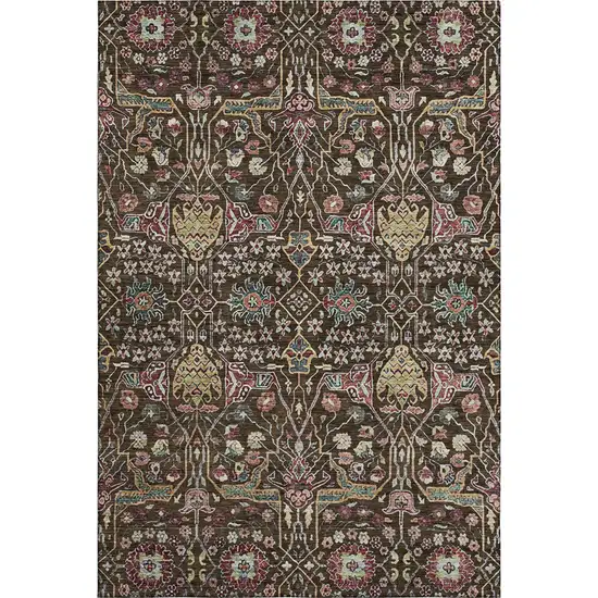 Chocolate Gold And Teal Floral Washable Area Rug With UV Protection Photo 1