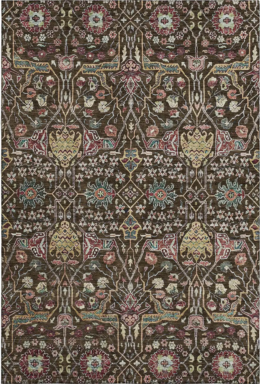 Chocolate Gold And Teal Floral Washable Area Rug With UV Protection Photo 1