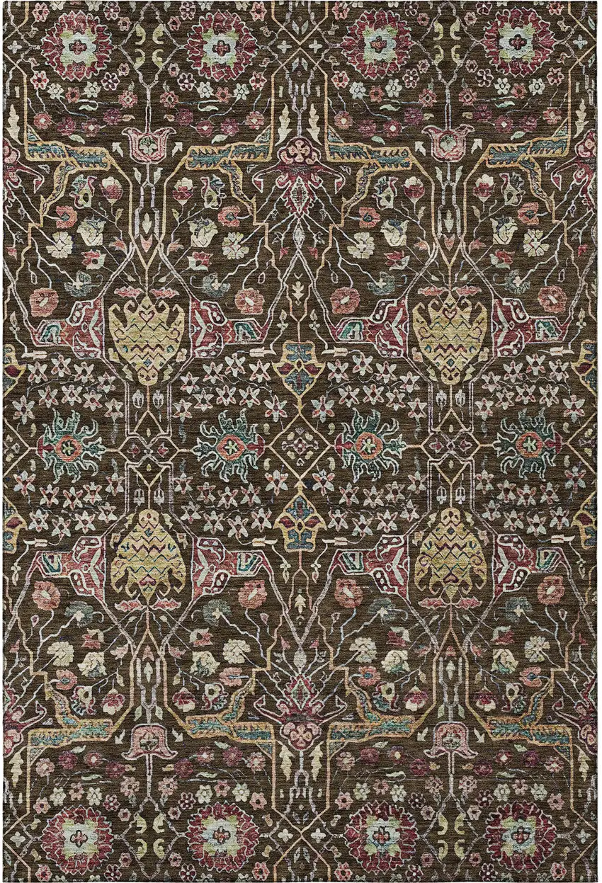 Chocolate Gold And Teal Floral Washable Area Rug With UV Protection Photo 3