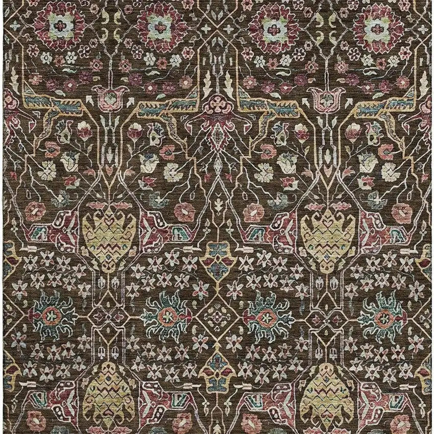 Chocolate Gold And Teal Floral Washable Area Rug With UV Protection Photo 2