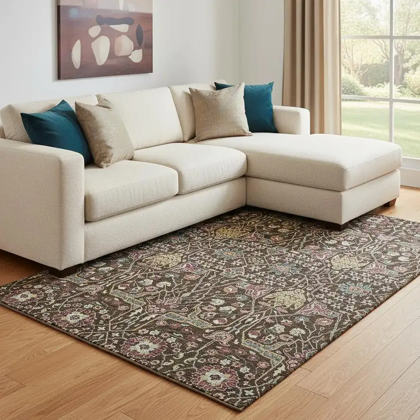 Chocolate Gold And Teal Floral Washable Area Rug With UV Protection Photo 2