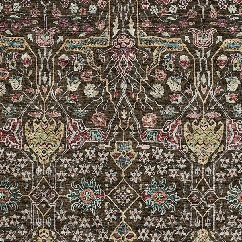 Chocolate Gold And Teal Floral Washable Area Rug With UV Protection Photo 3