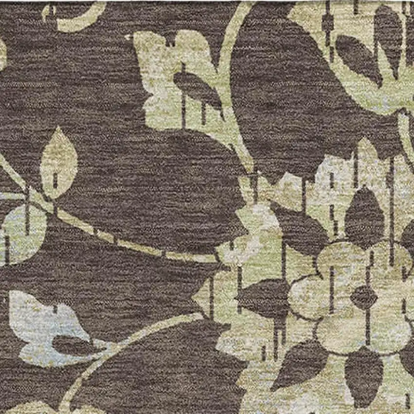 Chocolate Gray And Beige Floral Washable Area Rug With UV Protection Photo 3