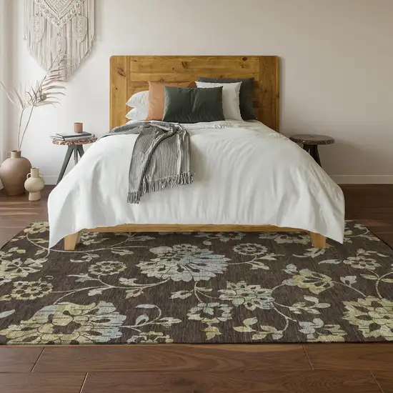Chocolate Gray And Beige Floral Washable Area Rug With UV Protection Photo 6