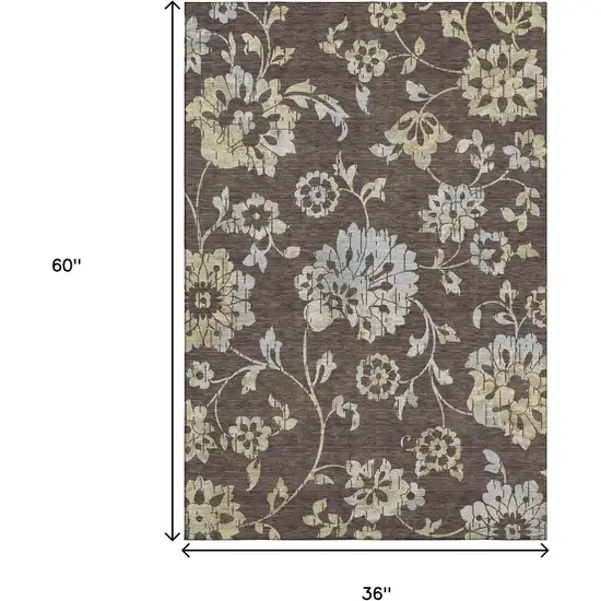 Chocolate Gray And Beige Floral Washable Area Rug With UV Protection Photo 3