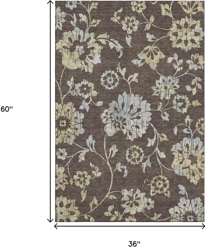 Chocolate Gray And Beige Floral Washable Area Rug With UV Protection Photo 3