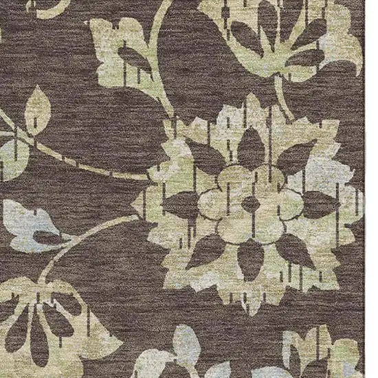 Chocolate Gray And Beige Floral Washable Area Rug With UV Protection Photo 4
