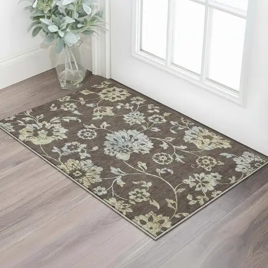 Chocolate Gray And Beige Floral Washable Area Rug With UV Protection Photo 2