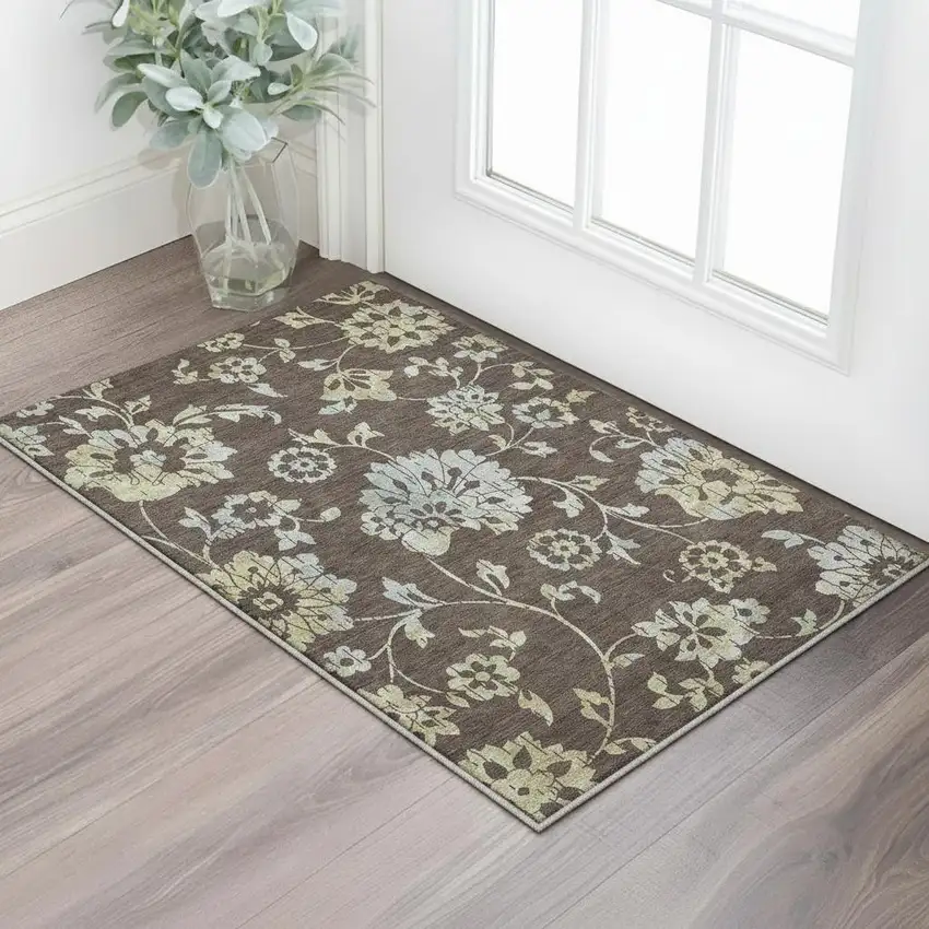 Chocolate Gray And Beige Floral Washable Area Rug With UV Protection Photo 2