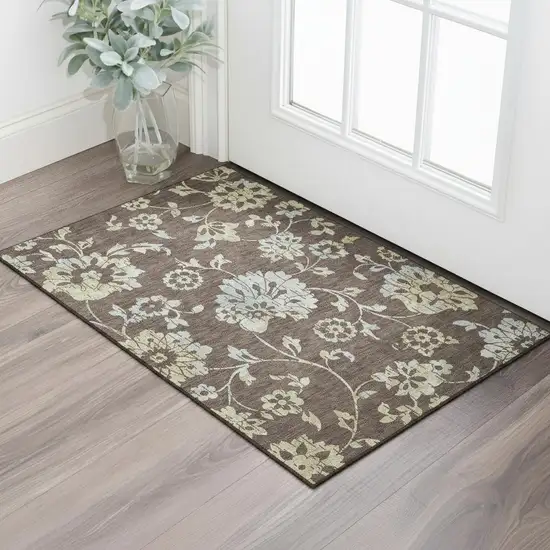 Chocolate Gray And Beige Floral Washable Area Rug With UV Protection Photo 1