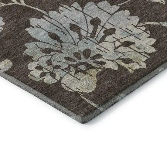 Chocolate Gray And Beige Floral Washable Area Rug With UV Protection Photo 7