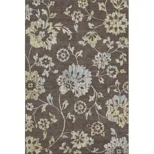 Photo of Chocolate Gray And Beige Floral Washable Area Rug With UV Protection