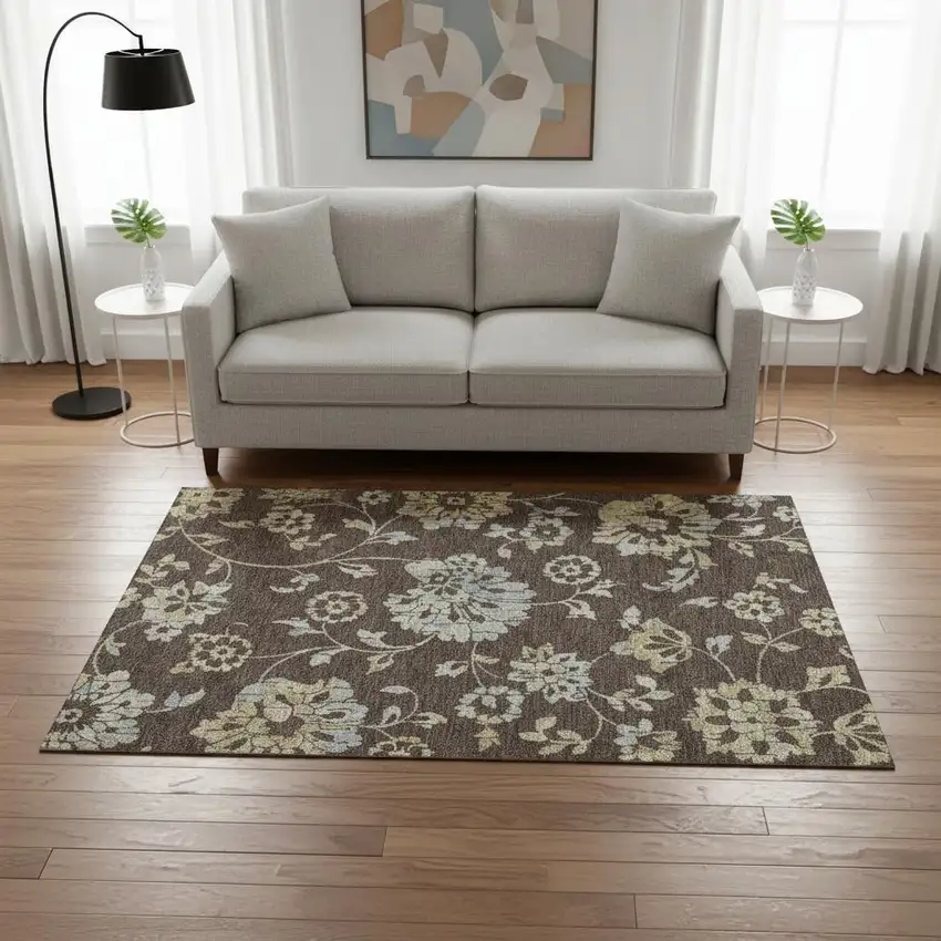 Chocolate Gray And Beige Floral Washable Area Rug With UV Protection Photo 2