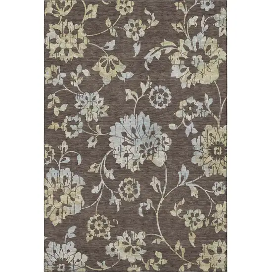 Chocolate Gray And Beige Floral Washable Area Rug With UV Protection Photo 3