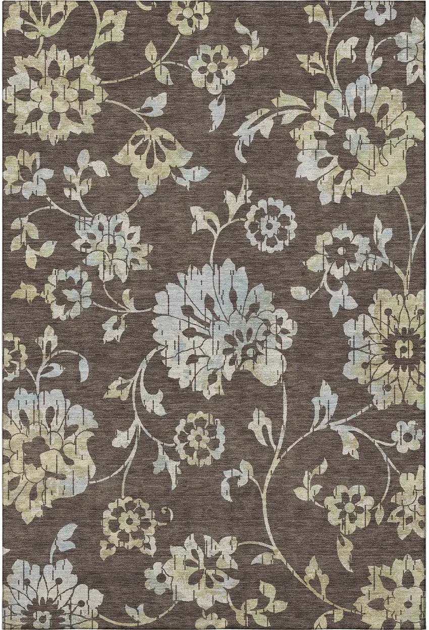 Chocolate Gray And Beige Floral Washable Area Rug With UV Protection Photo 3