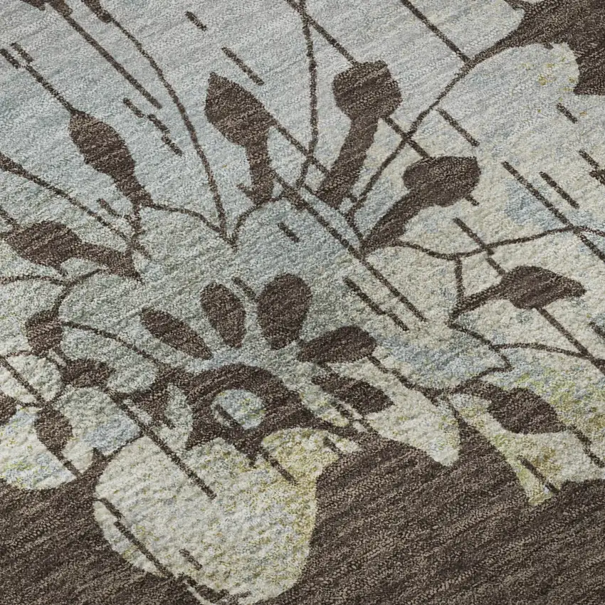 Chocolate Gray And Beige Floral Washable Area Rug With UV Protection Photo 9