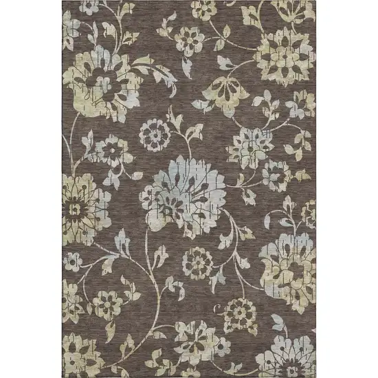 Chocolate Gray And Beige Floral Washable Area Rug With UV Protection Photo 1
