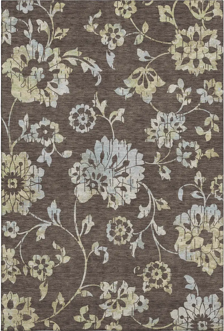 Chocolate Gray And Beige Floral Washable Area Rug With UV Protection Photo 1