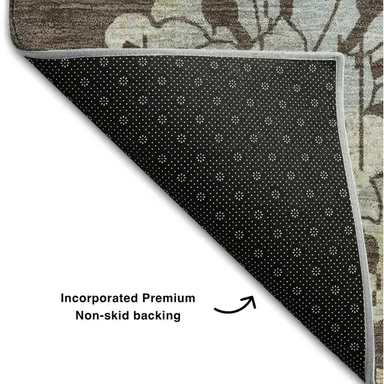 Chocolate Gray And Beige Floral Washable Area Rug With UV Protection Photo 7