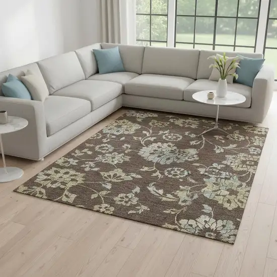 Chocolate Gray And Beige Floral Washable Area Rug With UV Protection Photo 2