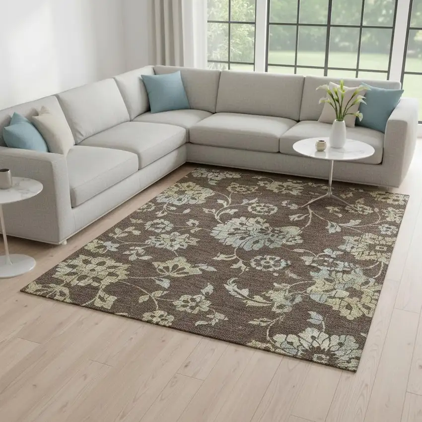 Chocolate Gray And Beige Floral Washable Area Rug With UV Protection Photo 2