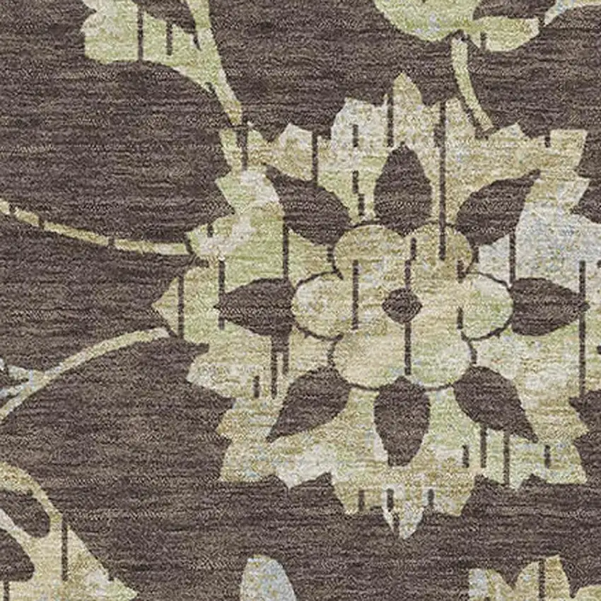 Chocolate Gray And Beige Floral Washable Area Rug With UV Protection Photo 3