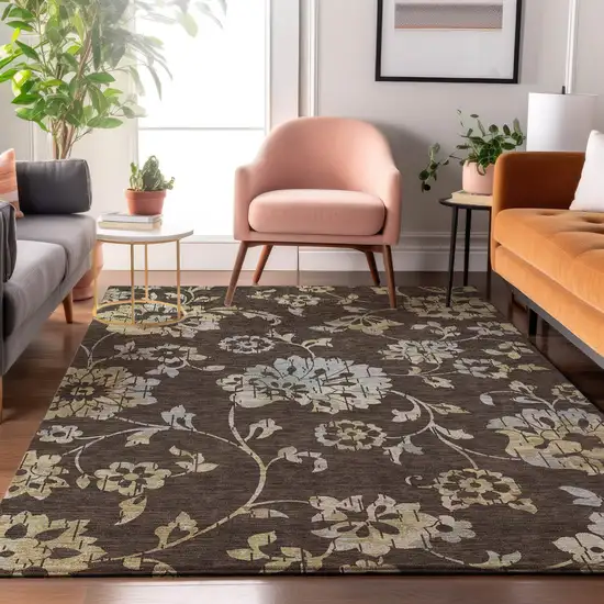Chocolate Gray And Beige Floral Washable Area Rug With UV Protection Photo 5