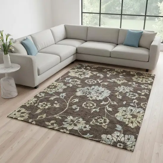 Chocolate Gray And Beige Floral Washable Area Rug With UV Protection Photo 2