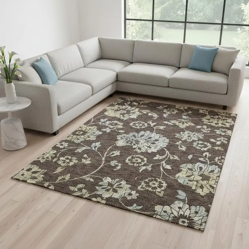 Chocolate Gray And Beige Floral Washable Area Rug With UV Protection Photo 2