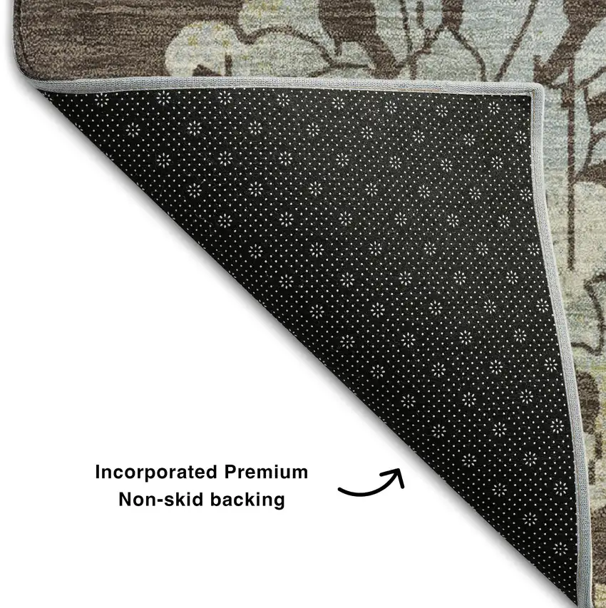 Chocolate Gray And Beige Floral Washable Area Rug With UV Protection Photo 7