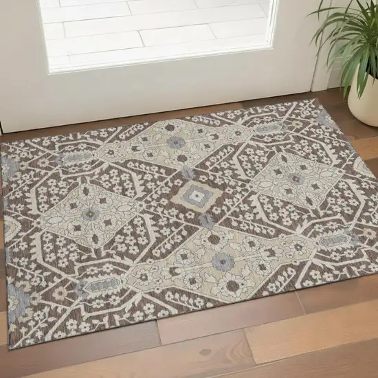 Chocolate Gray And Beige Floral Washable Area Rug With UV Protection Photo 1
