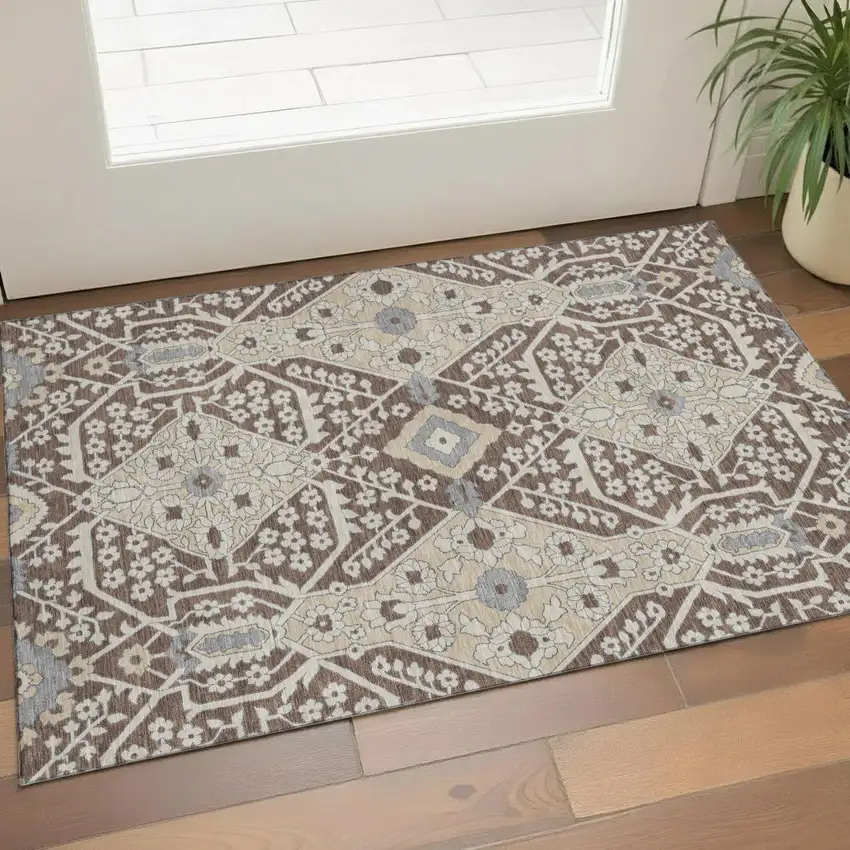 Chocolate Gray And Beige Floral Washable Area Rug With UV Protection Photo 1