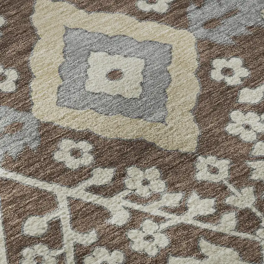 Chocolate Gray And Beige Floral Washable Area Rug With UV Protection Photo 9