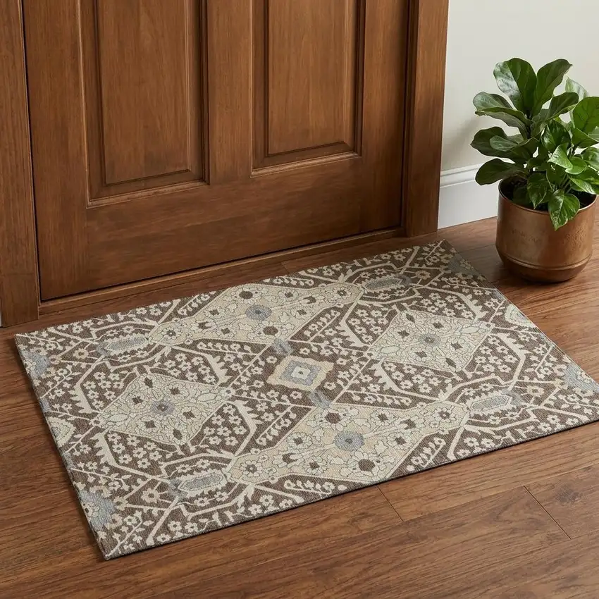 Chocolate Gray And Beige Floral Washable Area Rug With UV Protection Photo 1