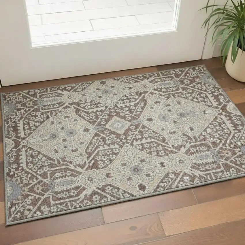 Chocolate Gray And Beige Floral Washable Area Rug With UV Protection Photo 1