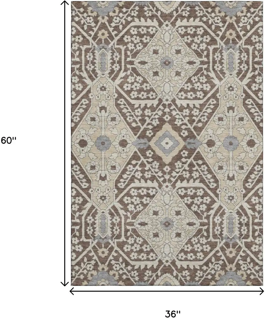 Chocolate Gray And Beige Floral Washable Area Rug With UV Protection Photo 3