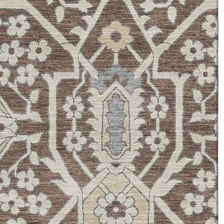 Chocolate Gray And Beige Floral Washable Area Rug With UV Protection Photo 3