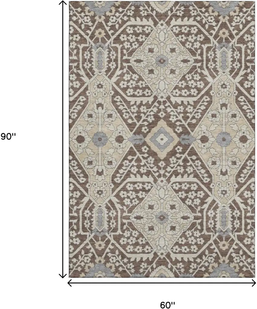 Chocolate Gray And Beige Floral Washable Area Rug With UV Protection Photo 3