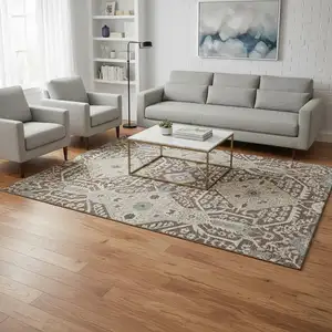 Photo of Chocolate Gray And Beige Floral Washable Area Rug With UV Protection