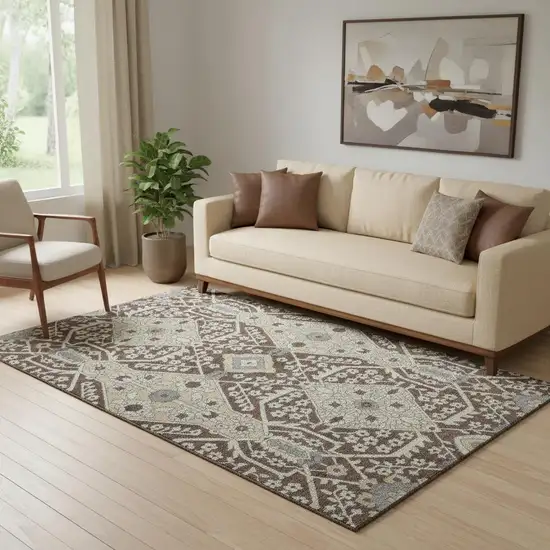 Chocolate Gray And Beige Floral Washable Area Rug With UV Protection Photo 1