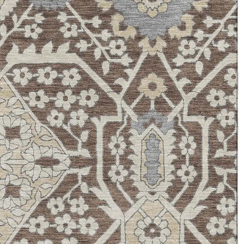 Chocolate Gray And Beige Floral Washable Area Rug With UV Protection Photo 4