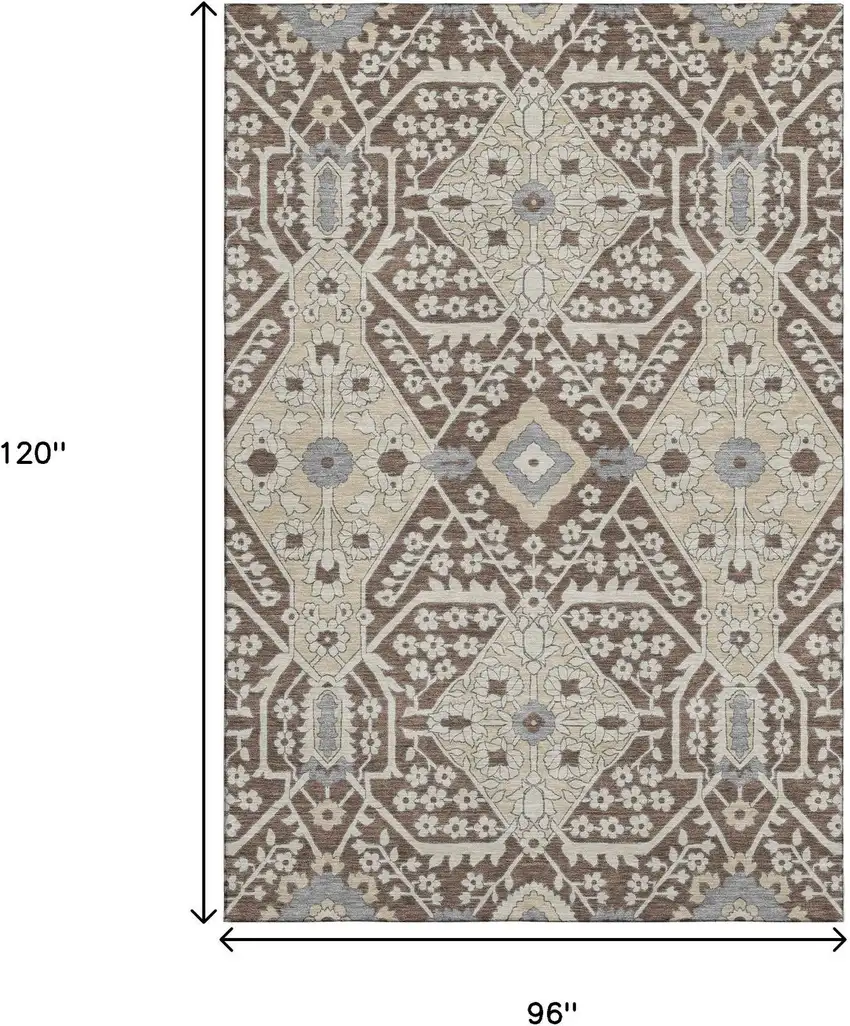Chocolate Gray And Beige Floral Washable Area Rug With UV Protection Photo 3