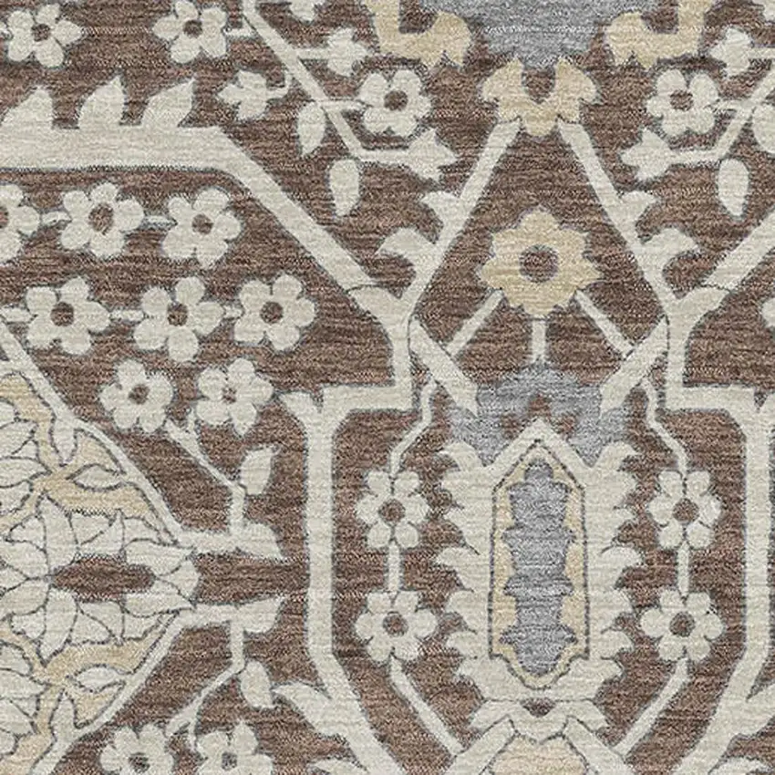 Chocolate Gray And Beige Floral Washable Area Rug With UV Protection Photo 4
