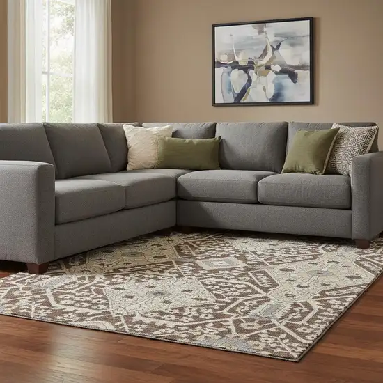 Chocolate Gray And Beige Floral Washable Area Rug With UV Protection Photo 1