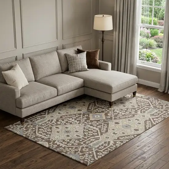 Chocolate Gray And Beige Floral Washable Area Rug With UV Protection Photo 1
