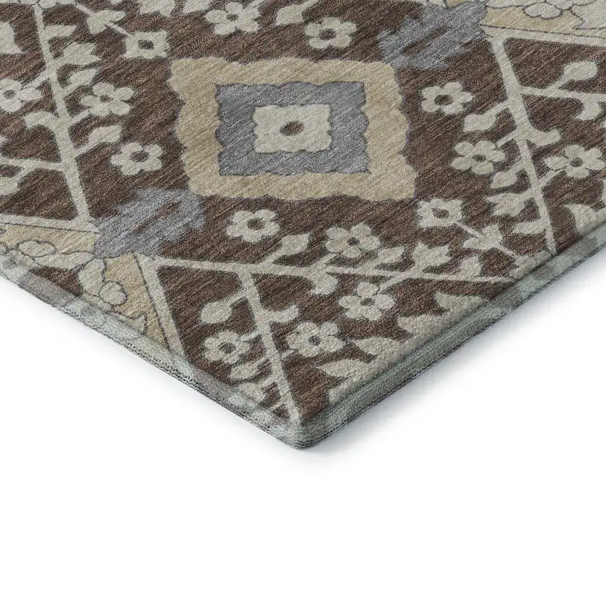 Chocolate Gray And Beige Floral Washable Area Rug With UV Protection Photo 9