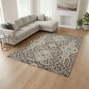 Photo of Chocolate Gray And Beige Floral Washable Area Rug With UV Protection