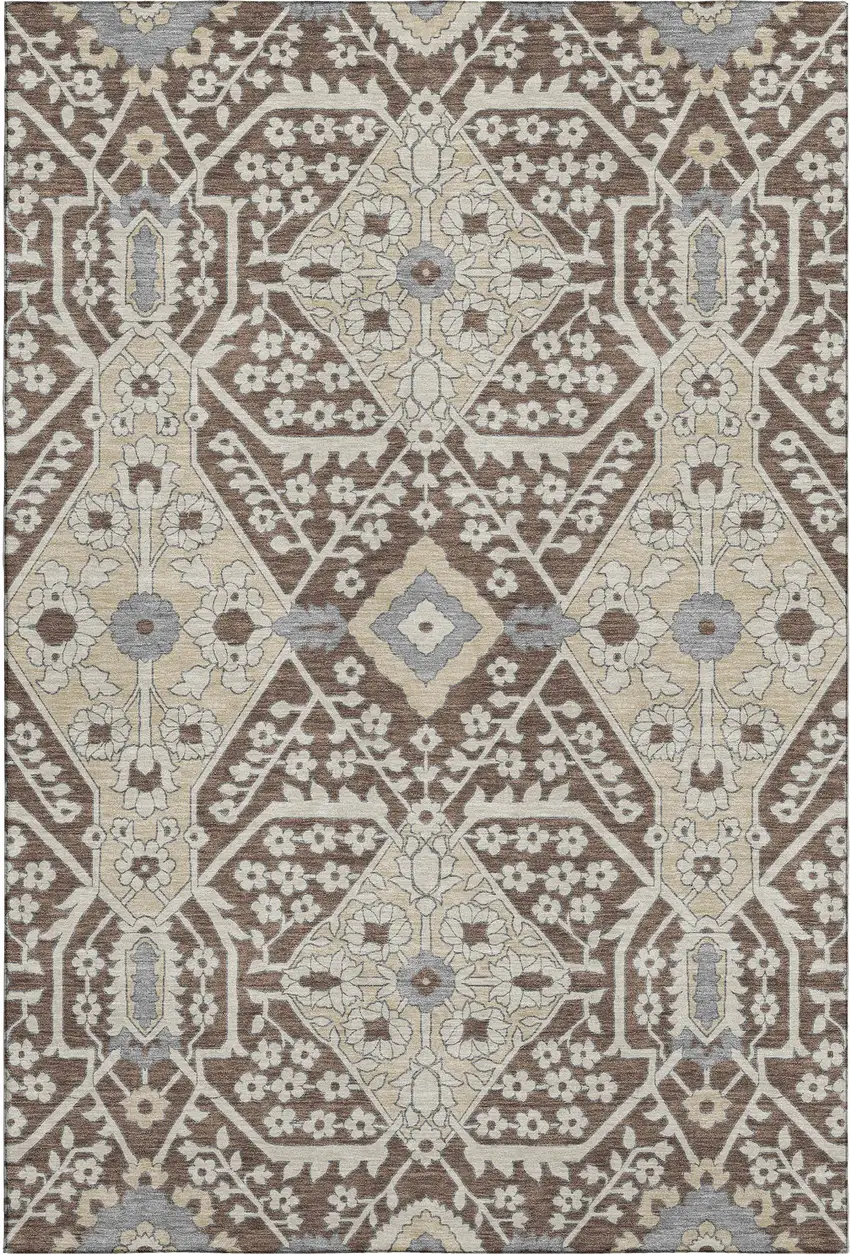 Chocolate Gray And Beige Floral Washable Area Rug With UV Protection Photo 2