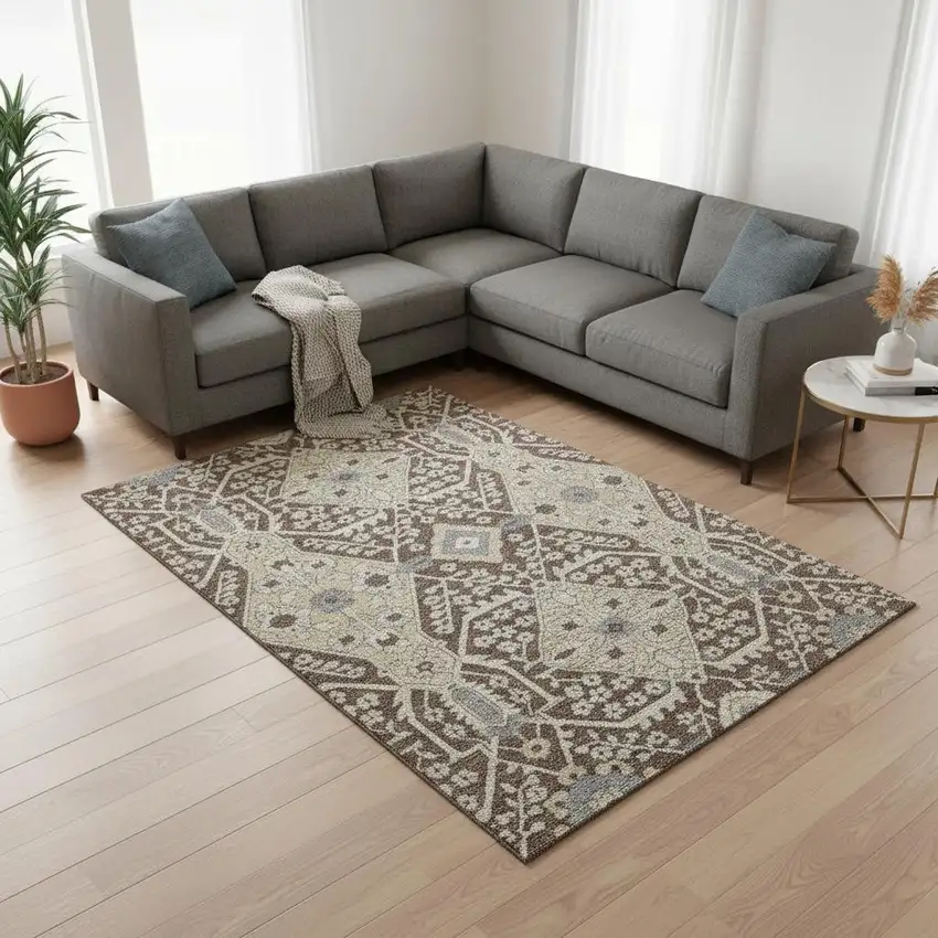 Chocolate Gray And Beige Floral Washable Area Rug With UV Protection Photo 1