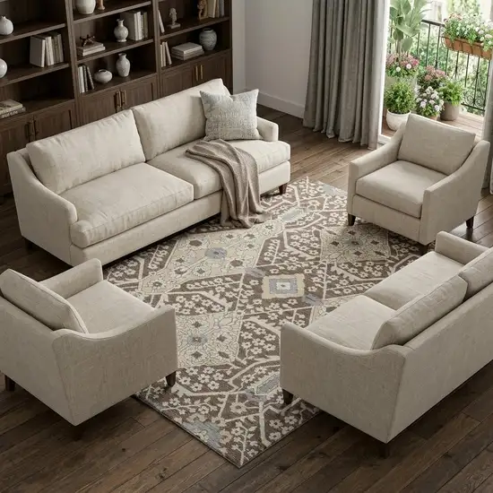 Chocolate Gray And Beige Floral Washable Area Rug With UV Protection Photo 1